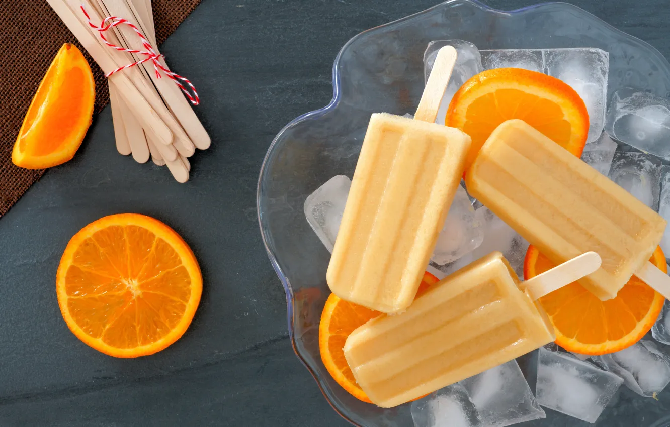 Фото обои апельсин, лёд, десерт, дольки, фруктовое мороженое