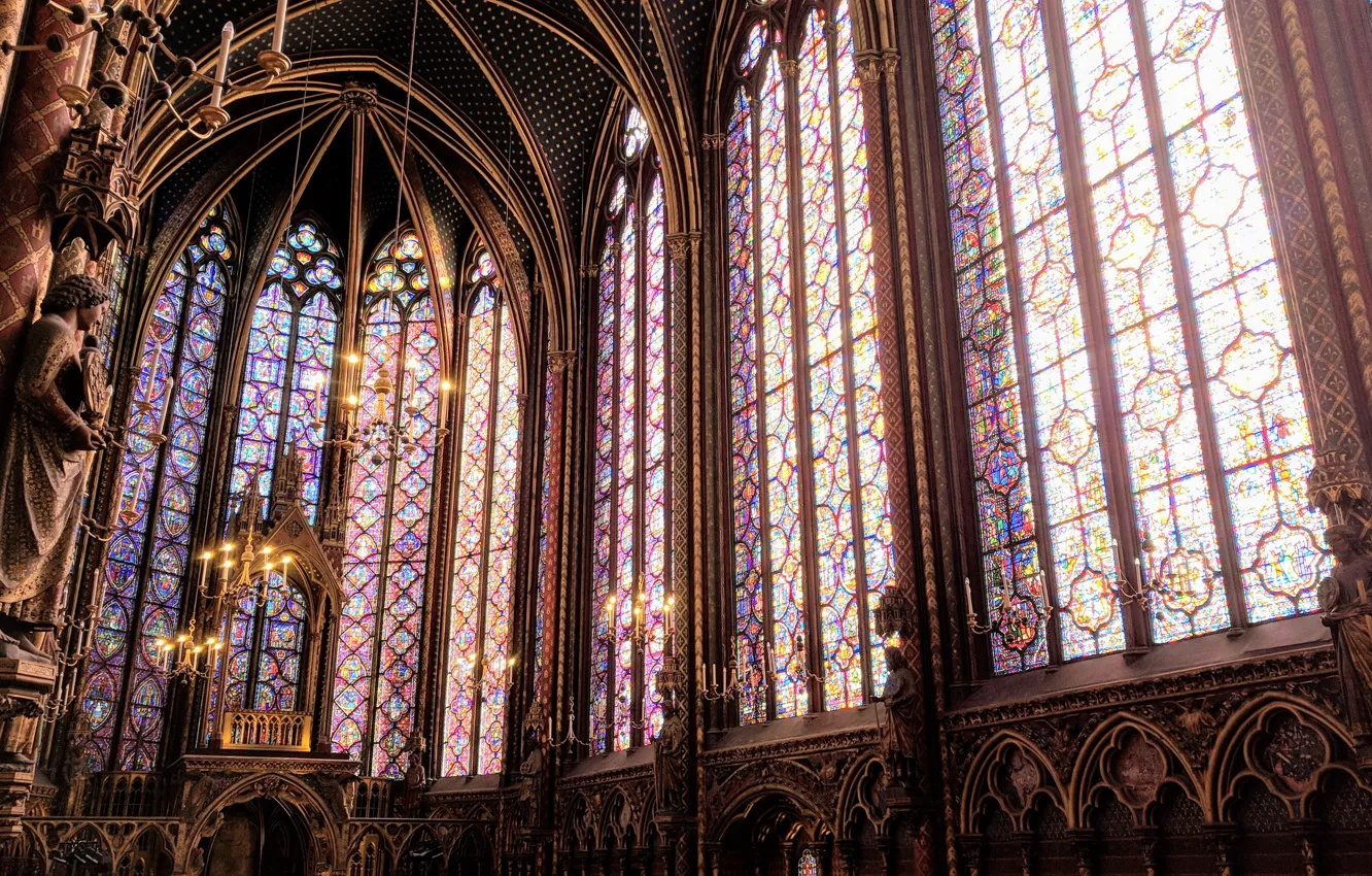 Фото обои готика, свечи, собор, витражи, paris, france, канделябры, Sainte Chapelle