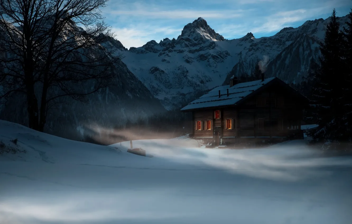 Фото обои house, twilight, Winter, trees, landscape, nature, mountains, snow