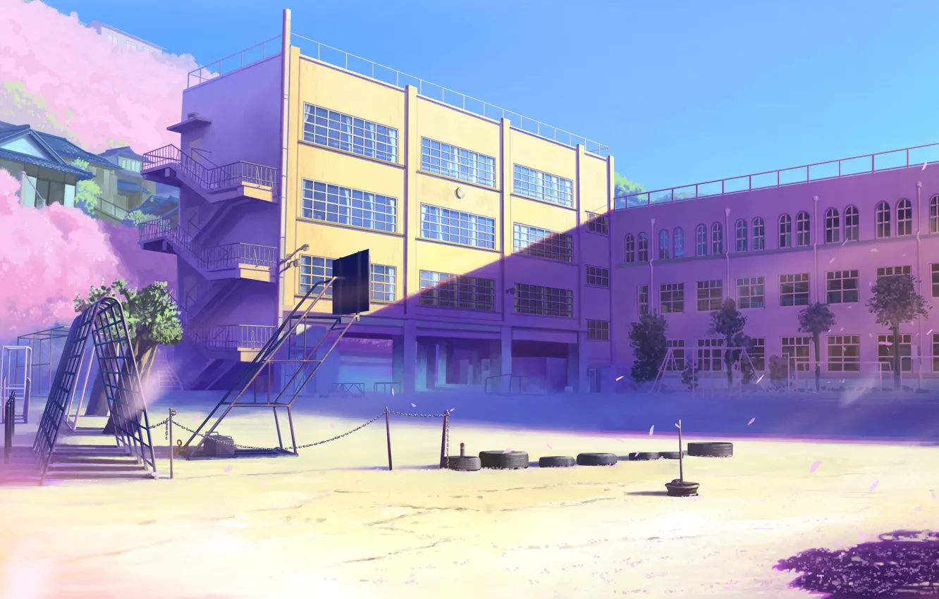 Фото обои япония, здания, лепестки, сакура, арт, розовые, школа, 5 сантиметров в секунду