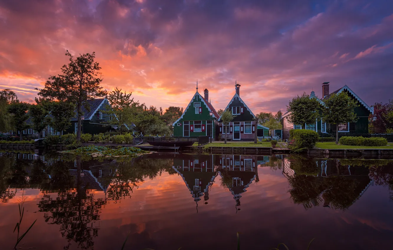 Фото обои небо, облака, дома, вечер, утро, канал, Нидерланды, Голландия