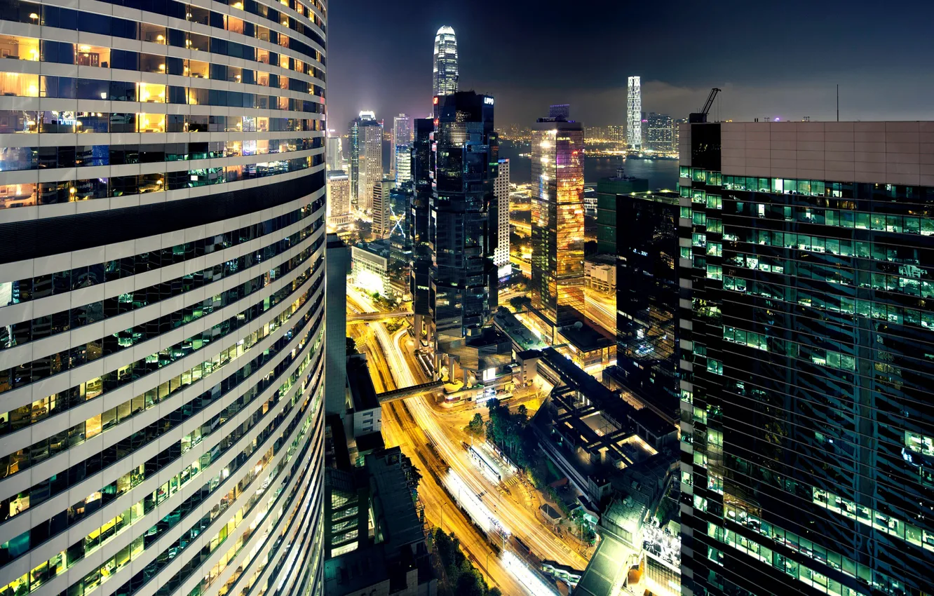 Фото обои свет, ночь, город, огни, здания, дороги, дома, Гонконг