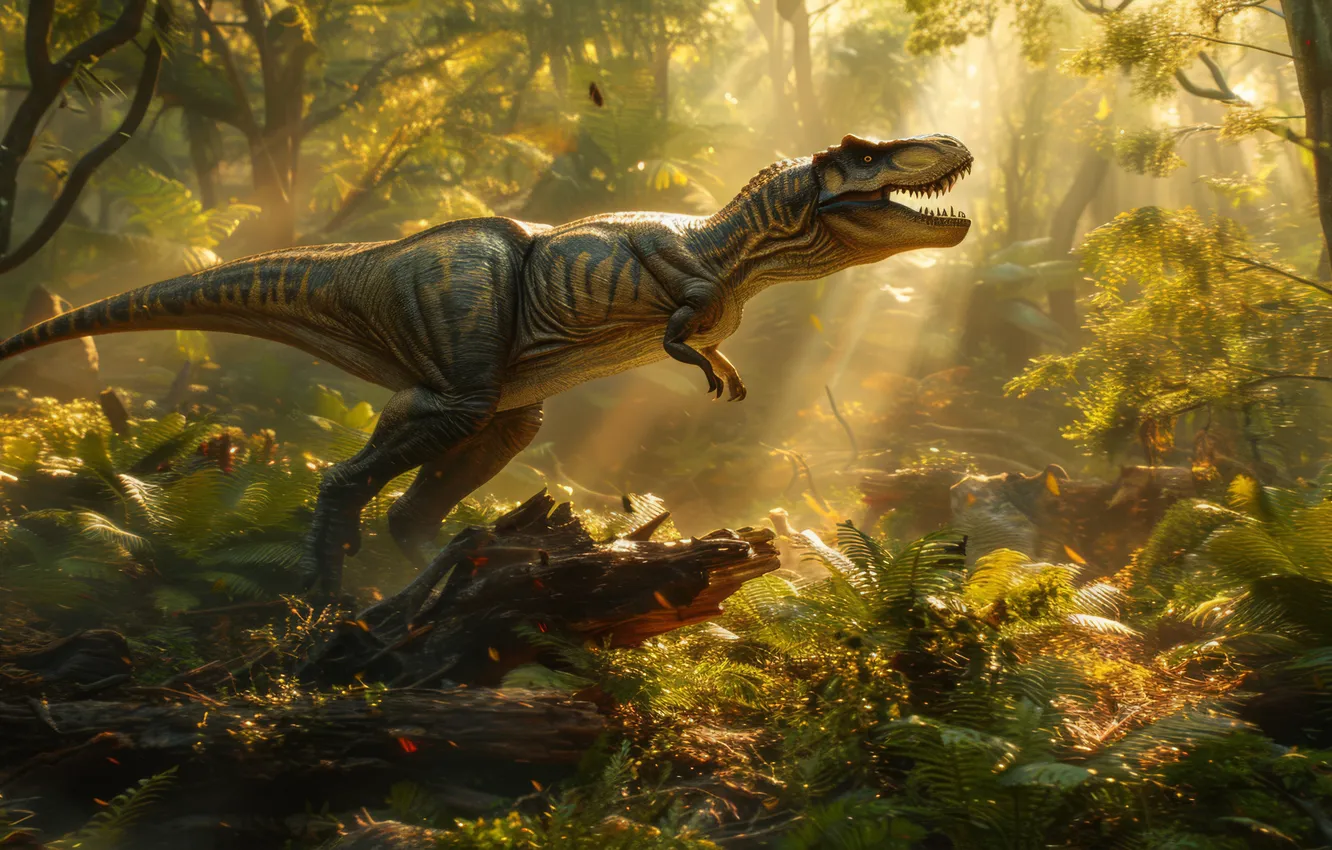 Фото обои лес, трава, деревья, животное, динозавр, хищник, Тираннозавр, цифровое искусство