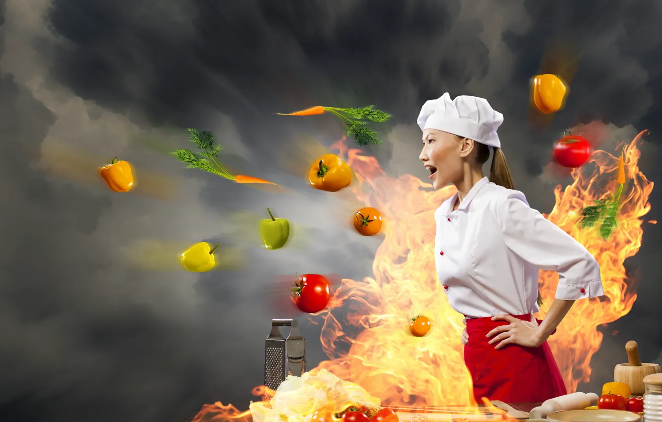 Фото обои девушка, креатив, огонь, повар, азиатка, овощи, помидоры, морковь