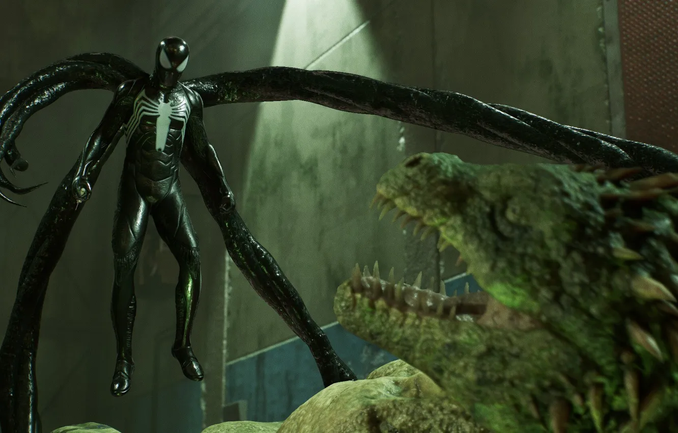 Фото обои black, fight, lizard, symbiote, Marvel Spider Man 2, dark suit