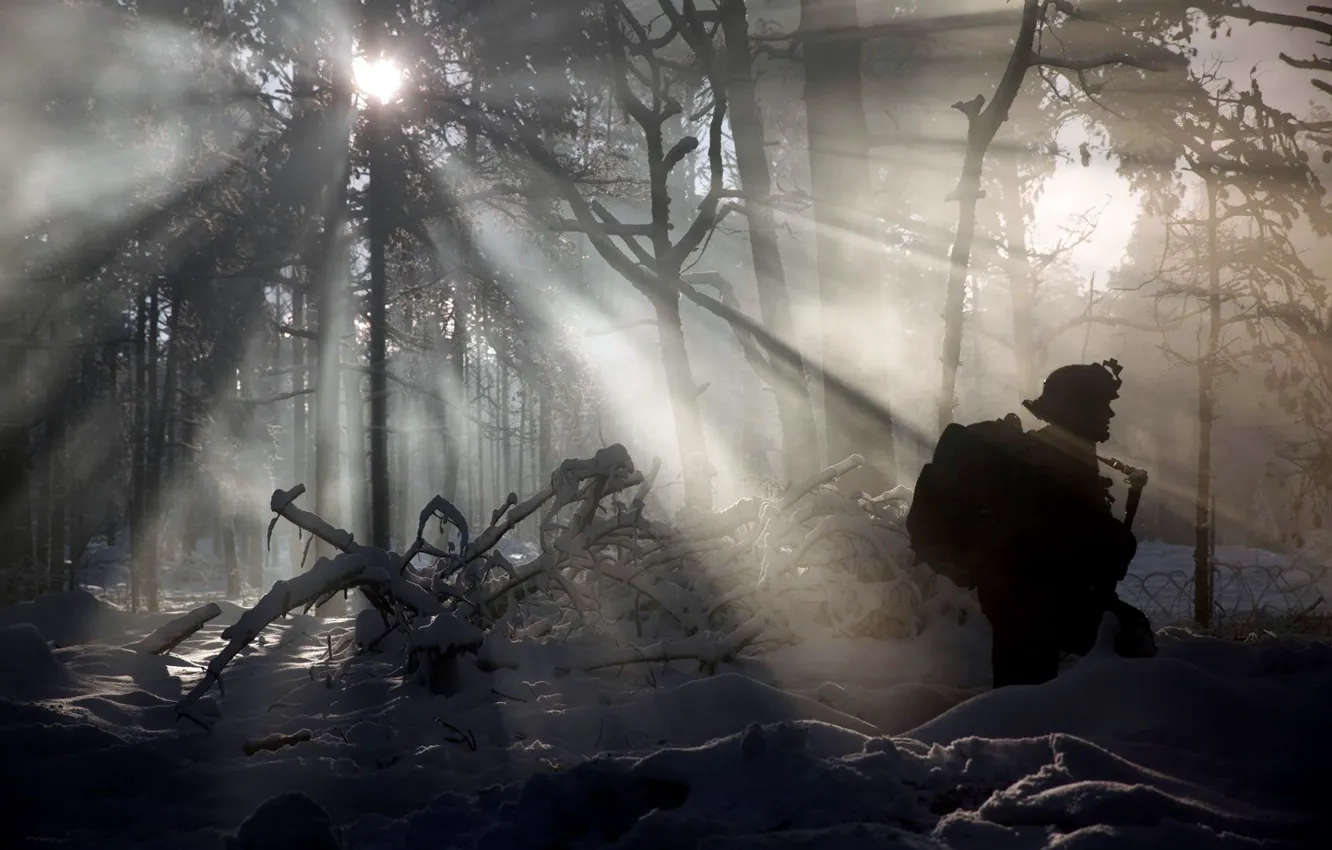 Фото обои зима, лес, солдат