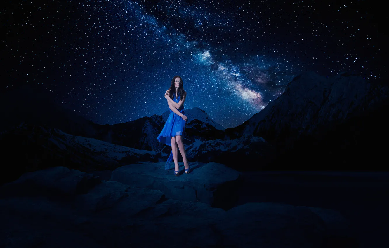 Фото обои Girl, Dark, Stars, Darkness, Night, Mountains, Rocks, Dreamy