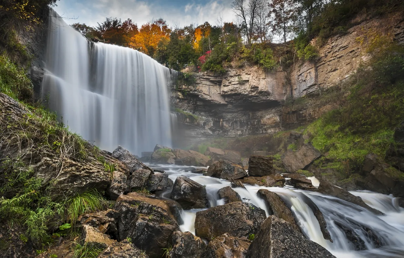 Фото обои осень, деревья, природа, скалы, водопад