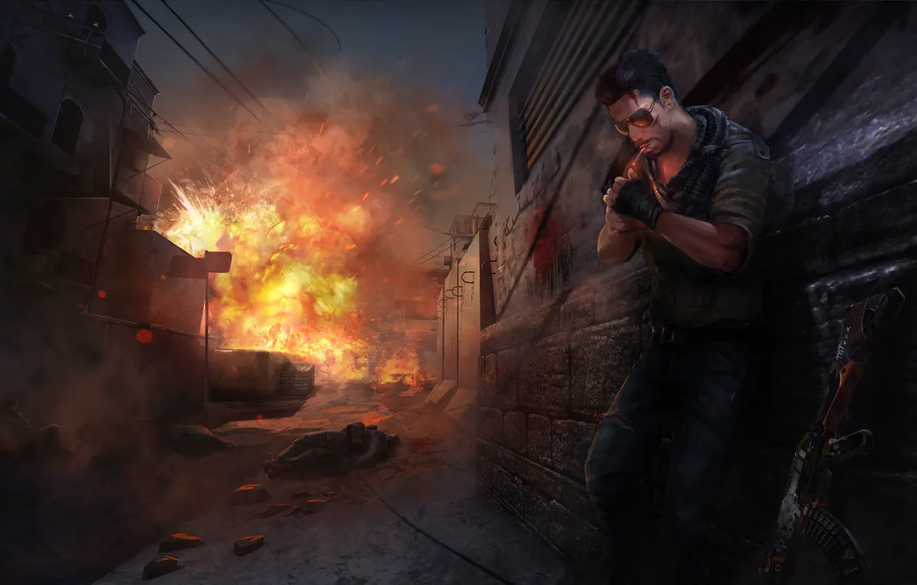 Фото обои Очки, Взрыв, Пожар, Мужчина, Game, Сигарета, Террорист, Counter-Strike: Global Offensive