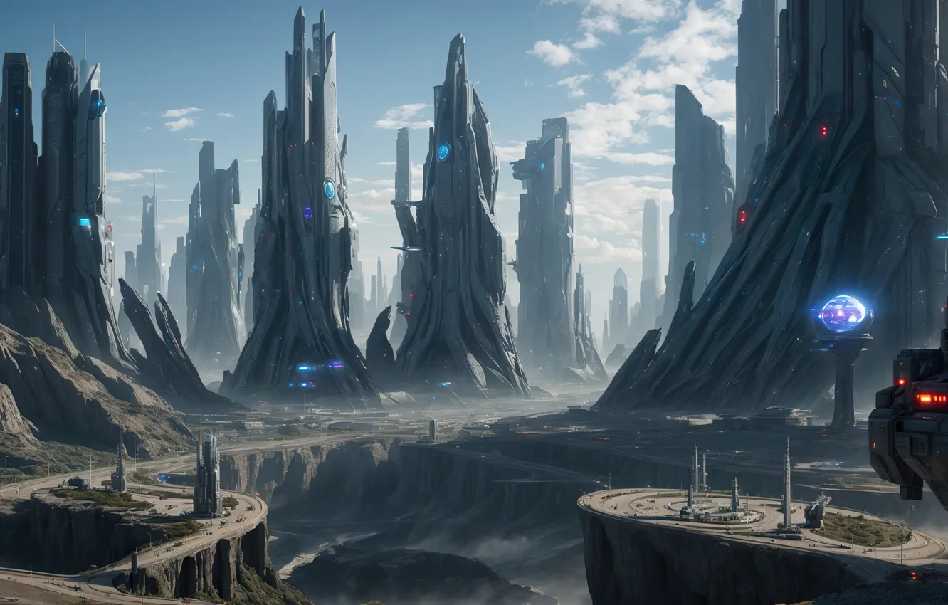 Фото обои future, sky, landscape, art, fantastic, digital art, city​​, Futuristic