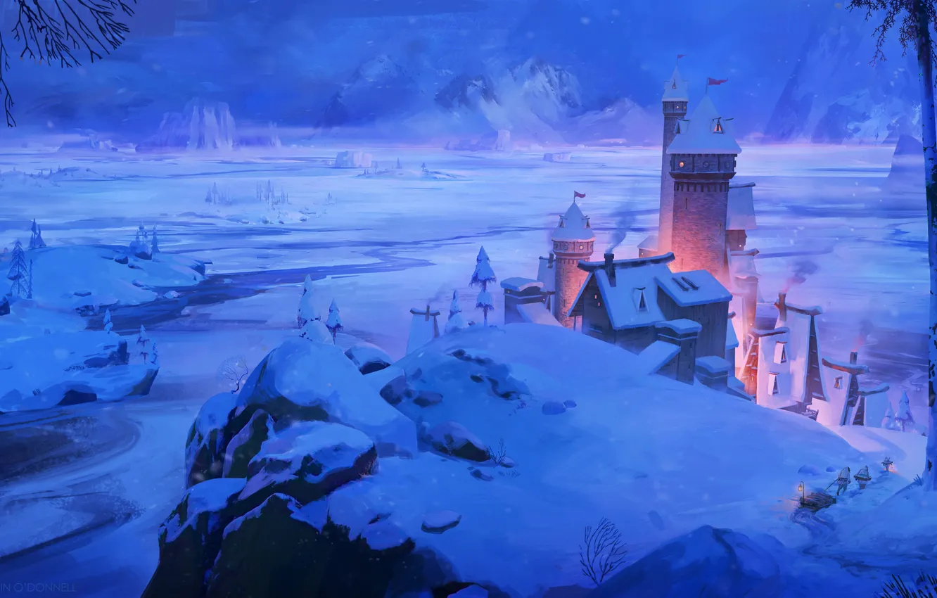 Фото обои fantasy, night, winter, mountain, snow, castle, digital art, artwork