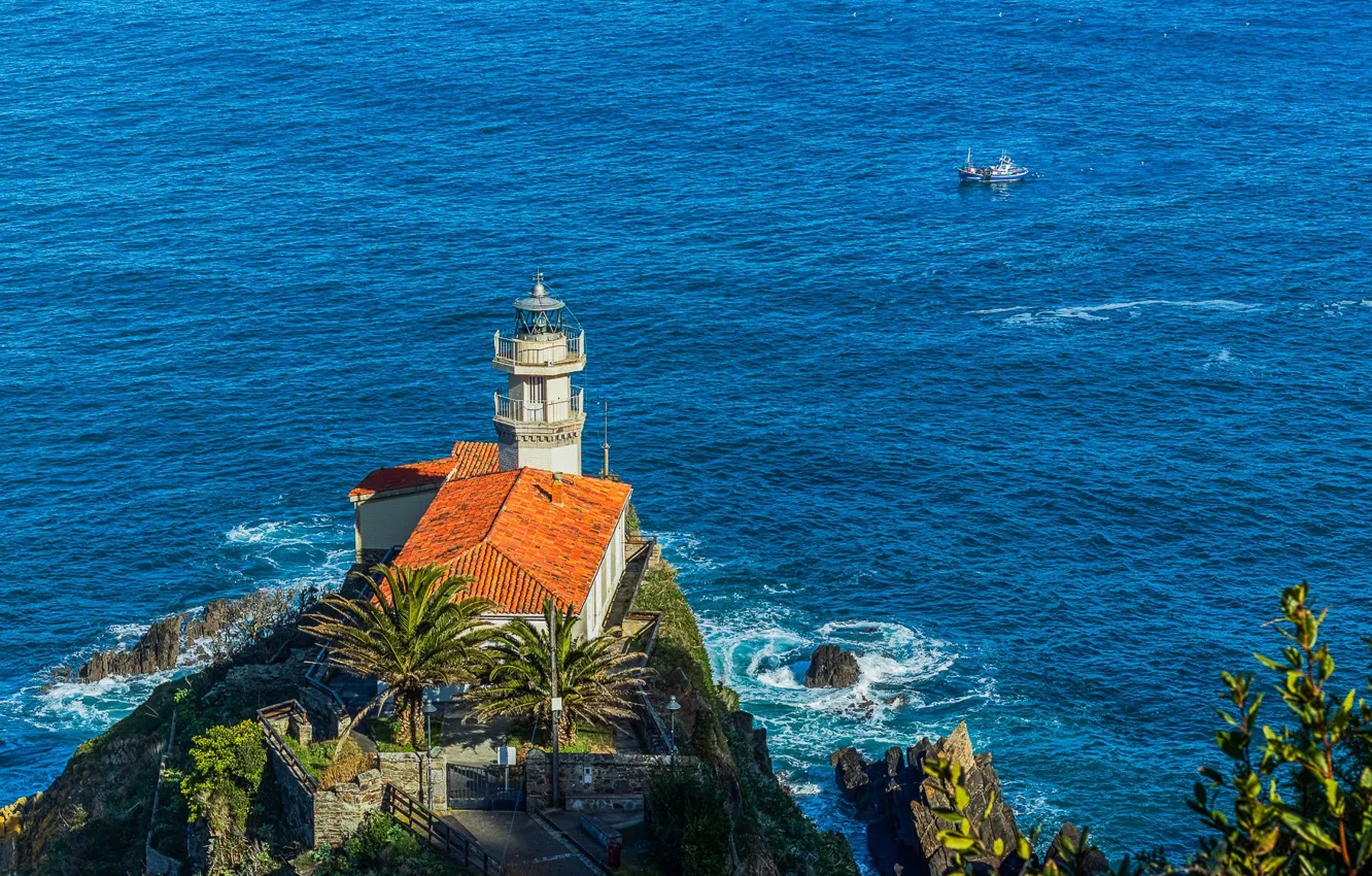 Фото обои море, маяк, Испания, Астурия, Кудильеро