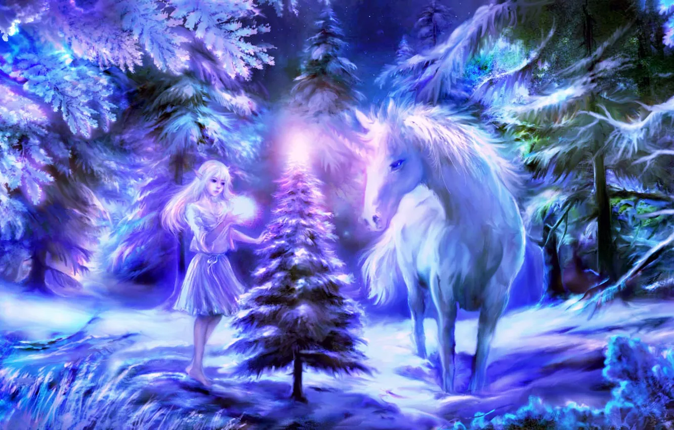 Фото обои зима, лес, елка, Рождество, единорог, эльфийка
