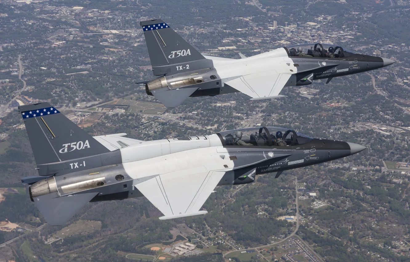 Фото обои полёт, самолёт, пилоты, Lockheed Martin, учебно-боевой, T-50A