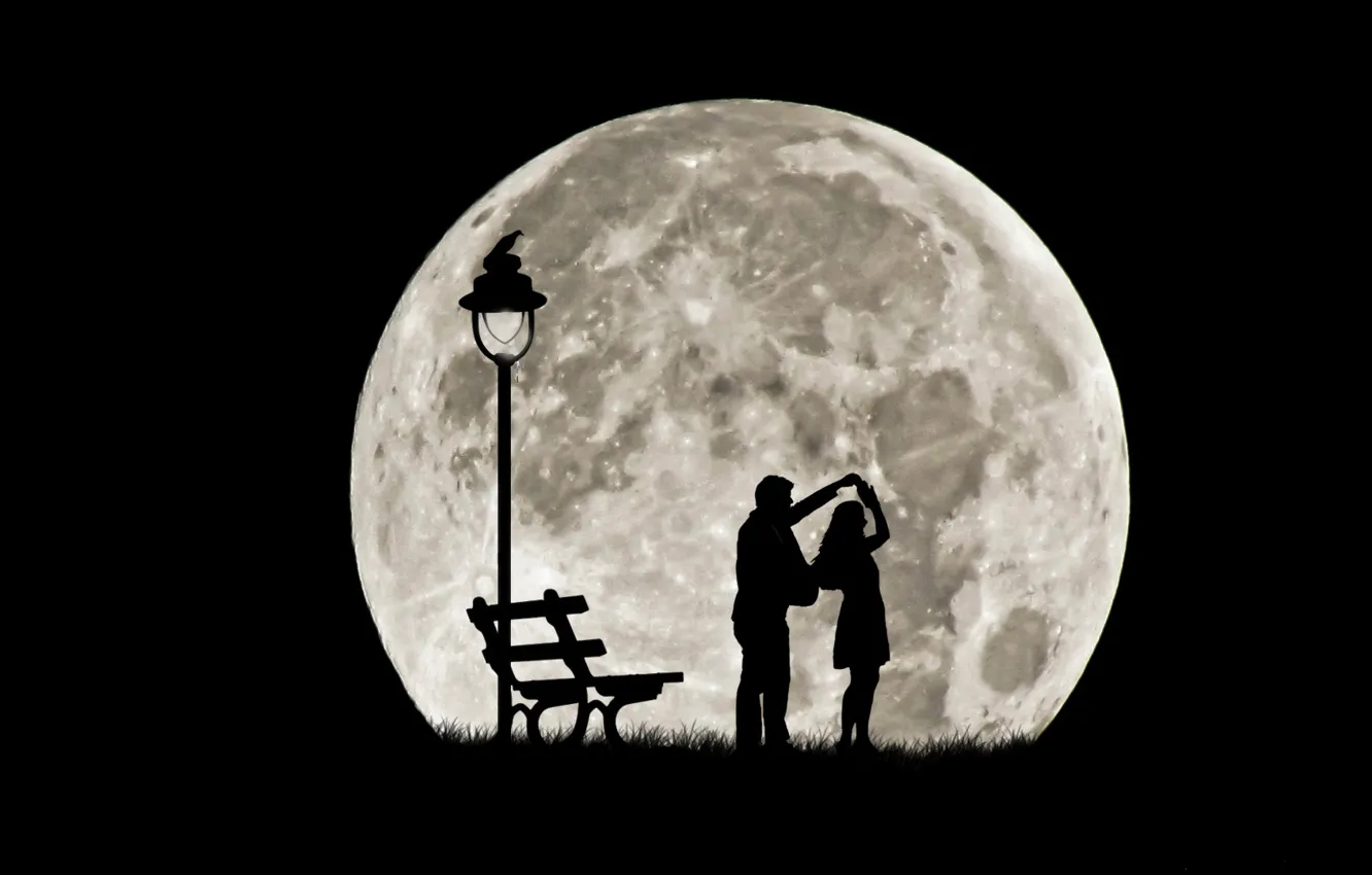 Фото обои танец, пара, силуэты, полная луна