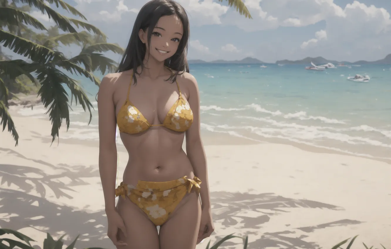 Фото обои beach, anime girls, yellow bikini, AI art