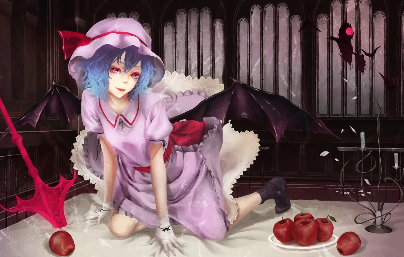Фото обои девушка, оружие, яблоки, крылья, демон, арт, touhou, remilia scarlet