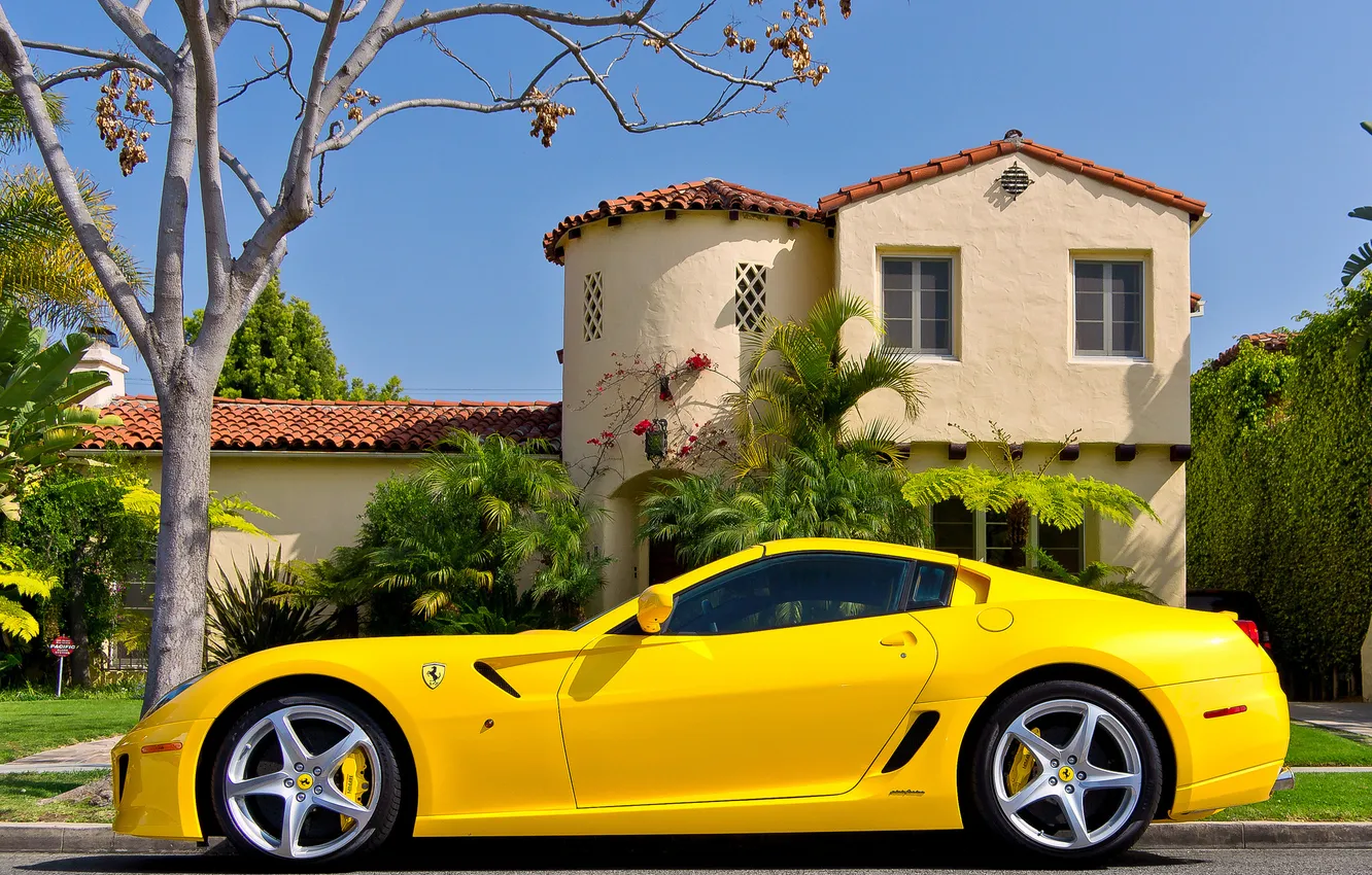 Фото обои House, Ferrari, Sky, 599, Tree, Yellow, Road, SA Aperta