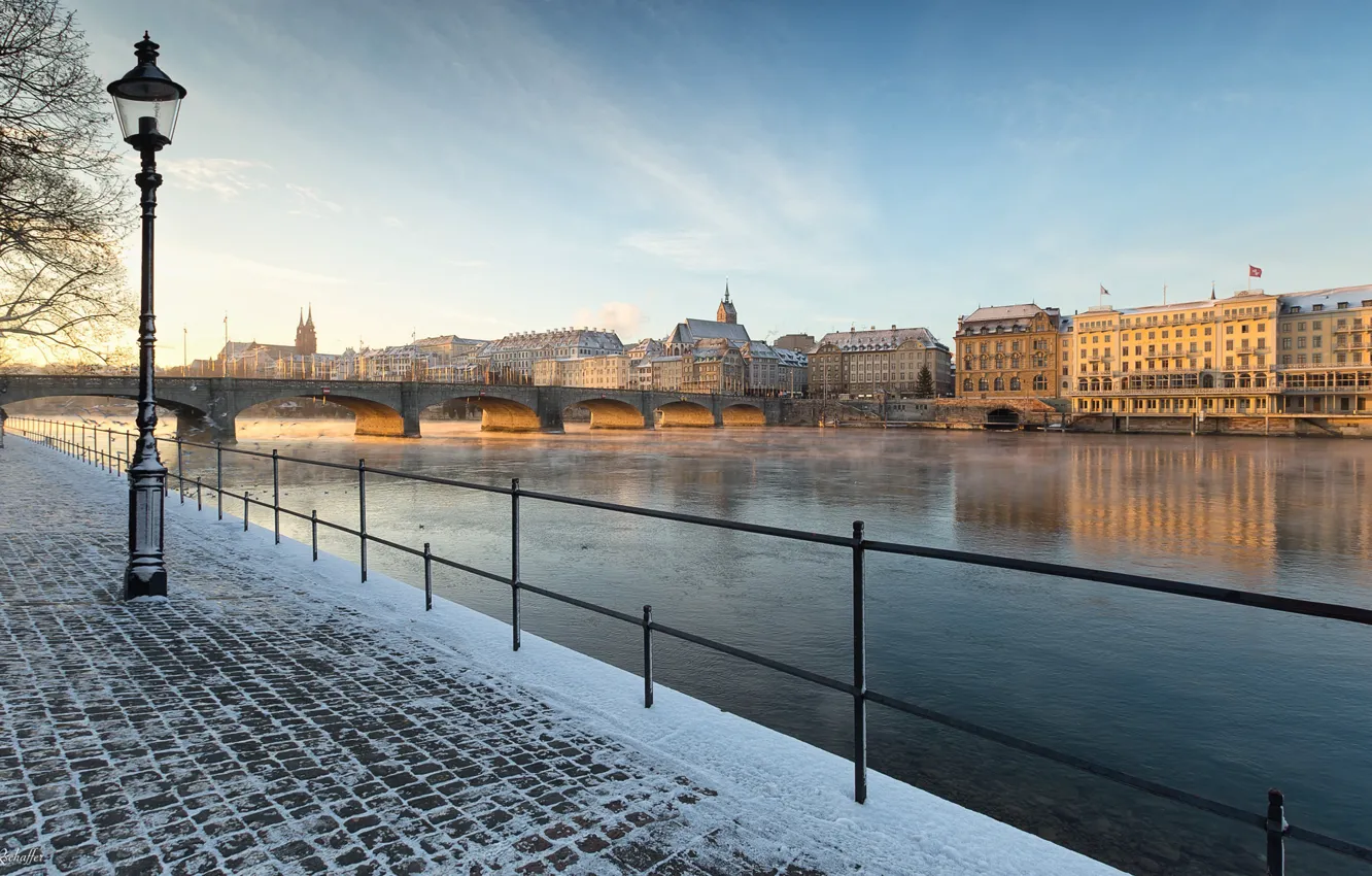 Фото обои снег, мост, река, утро, Швейцария, набережная, Basel, Mustermesse