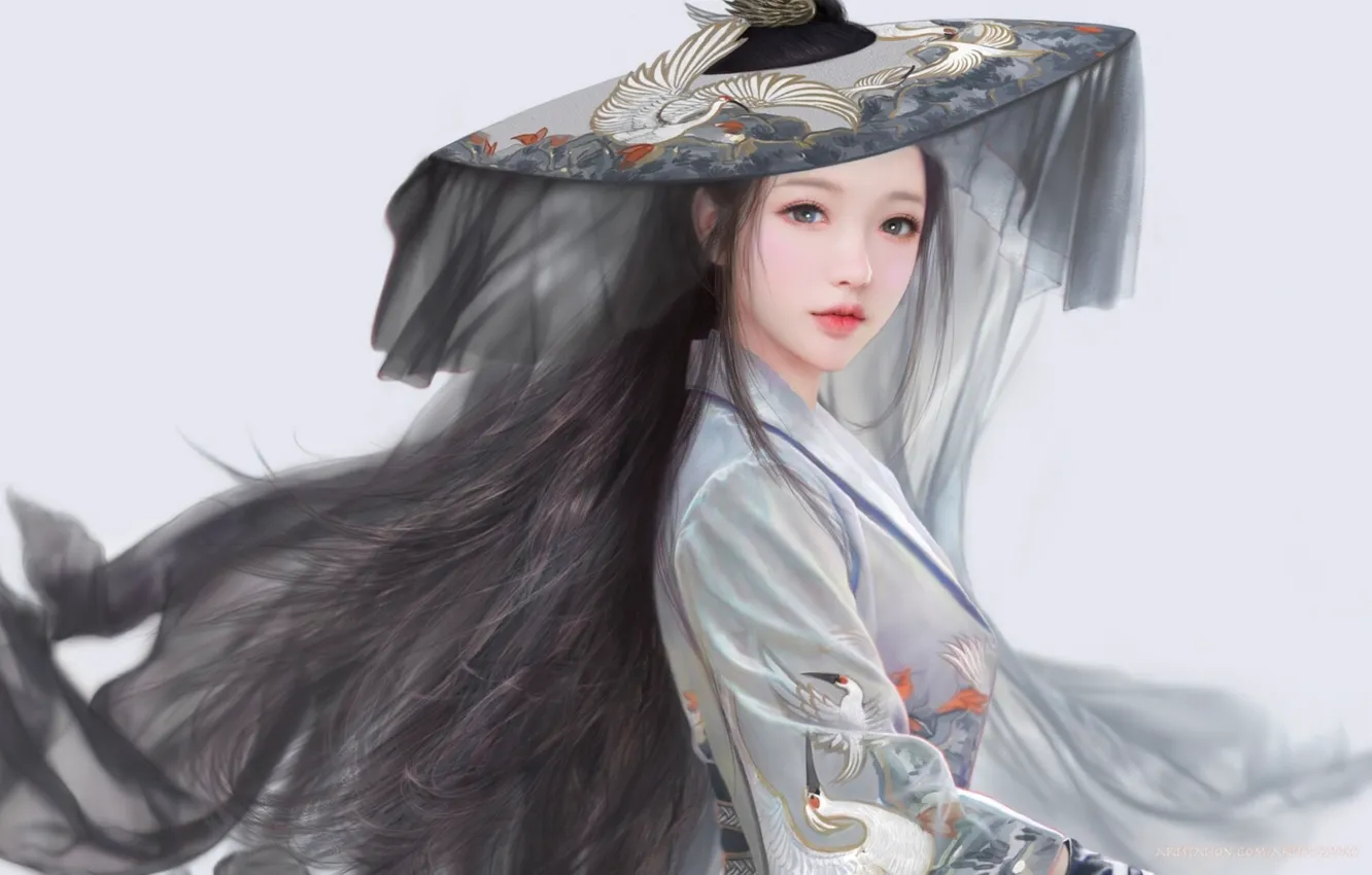 Фото обои шляпа, серый фон, длинные волосы, вуаль, журавли, кореянка, серый костюм, by Ruoxin Zhang