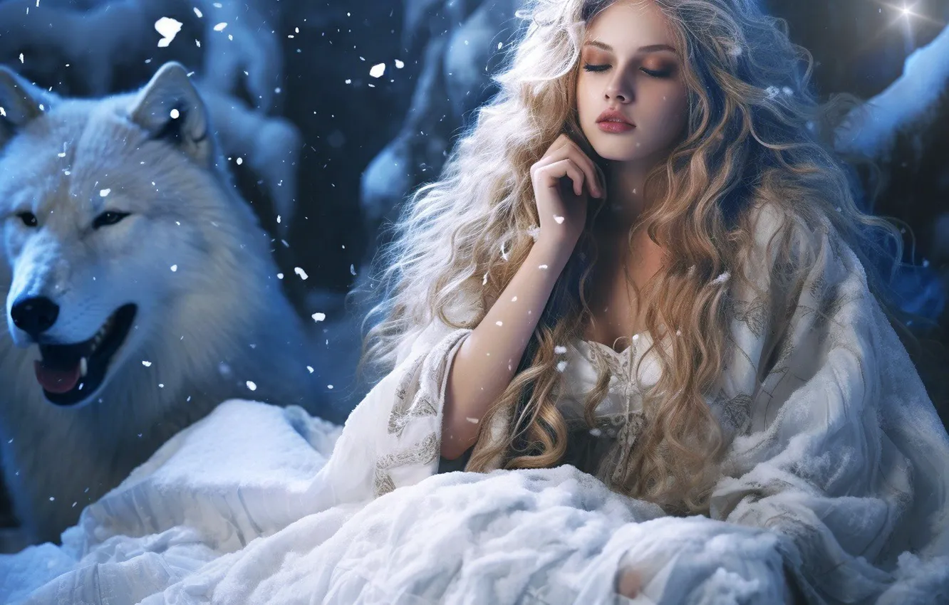 Фото обои зима, белый, девушка, снег, ночь, природа, лицо, волк