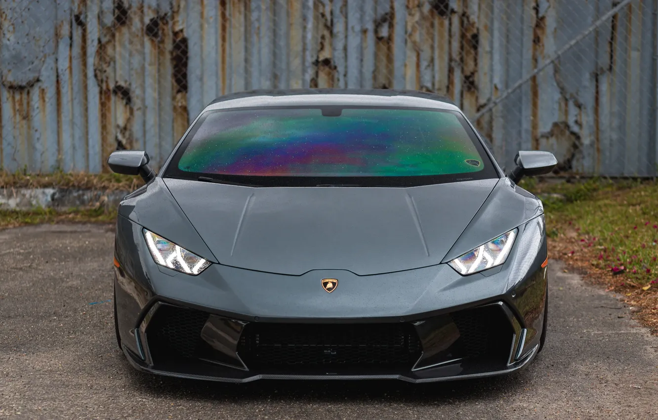Фото обои Lamborghini, Predator, Front, Gray, Huracan, Sight, LED