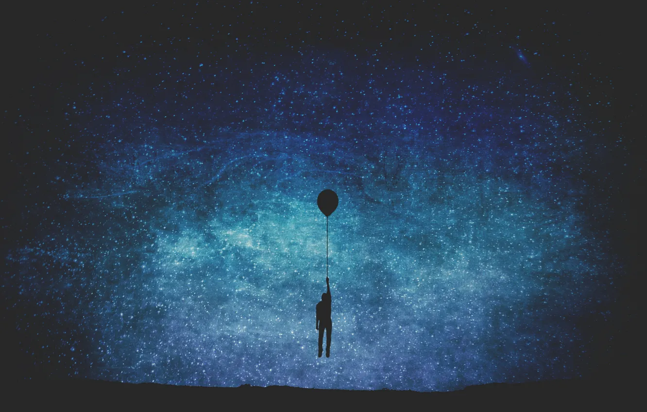 Фото обои звезды, воздушный шар, мужчина, Млечный Путь, тайны