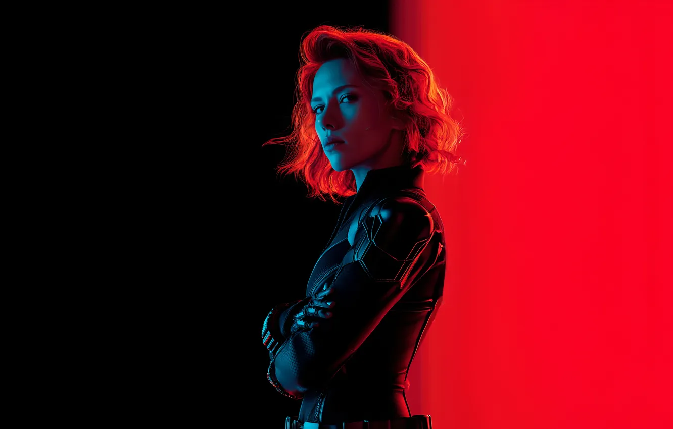 Фото обои Scarlett Johansson, look, Black Widow, Natasha Romanoff, superhero, red&black