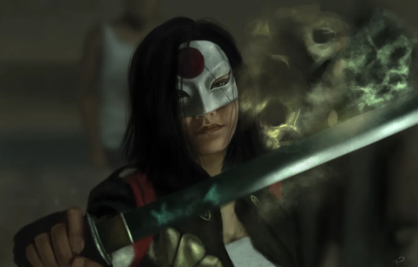 Фото обои девушка, меч, маска, art, Katana, Suicide Squad, Отряд самоубийц, Karen Fukuhara