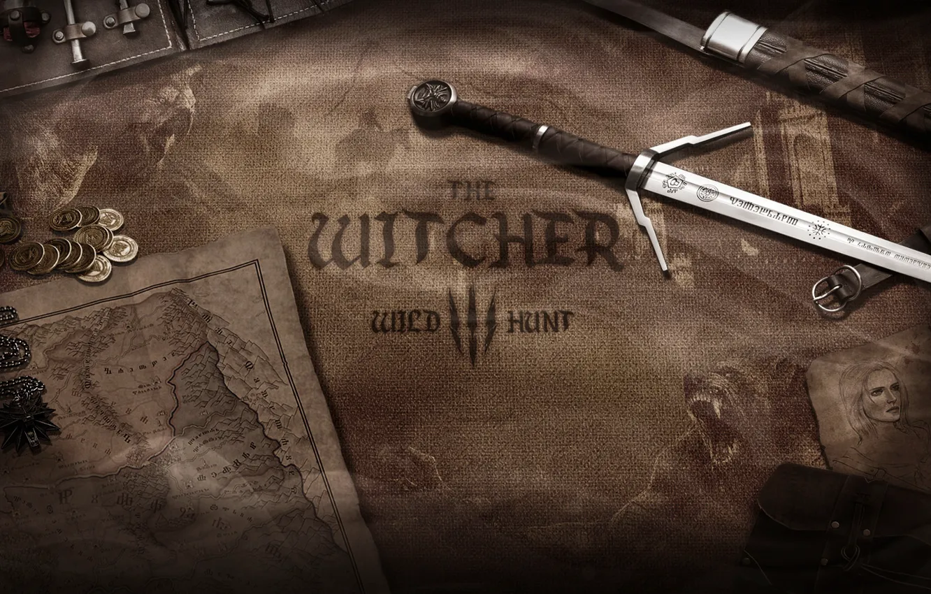 Фото обои оружие, деньги, меч, монеты, карта мира, ведьмак, Witcher, The Witcher 3 Wild Hunt