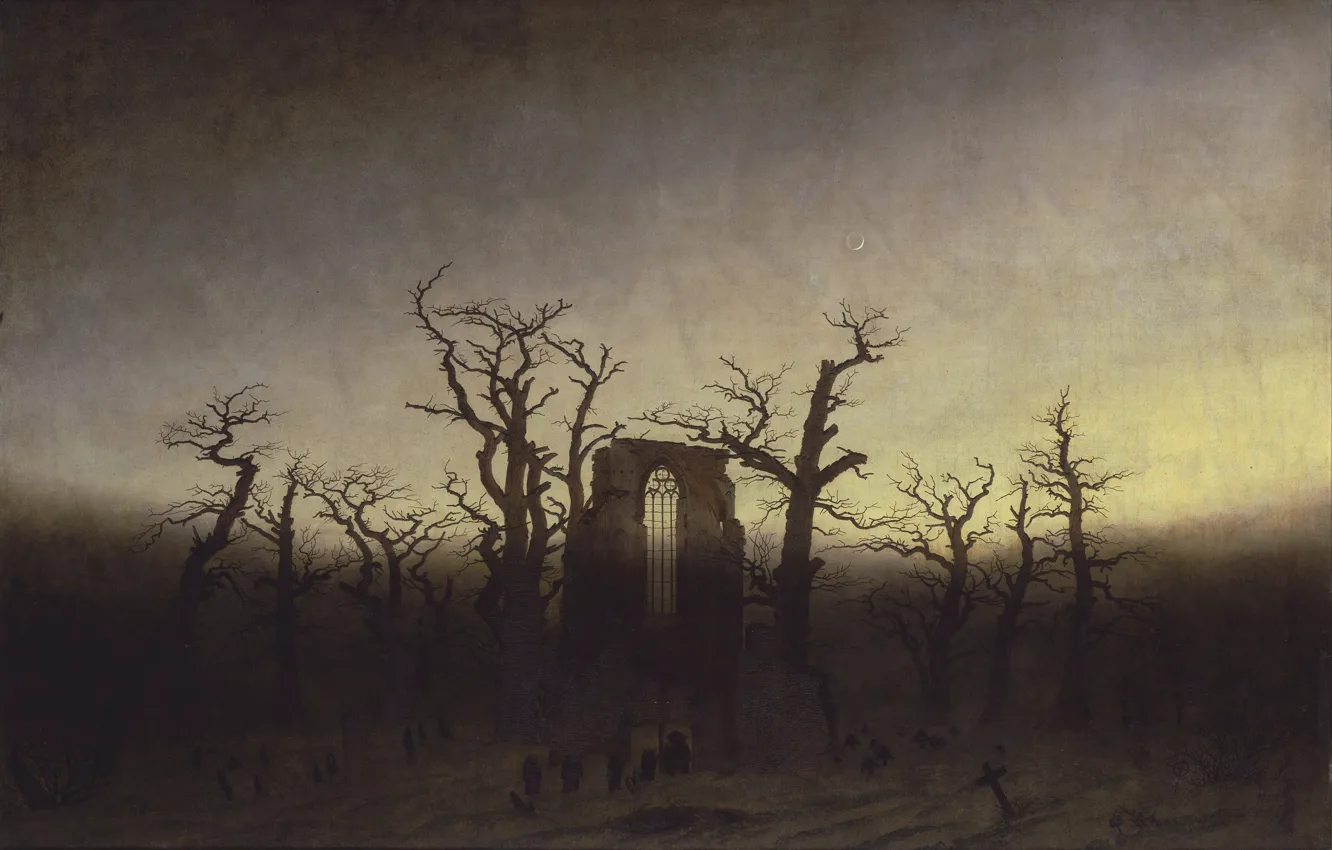 Фото обои деревья, картина, руины, Каспар Давид Фридрих, Аббатство среди Дубов