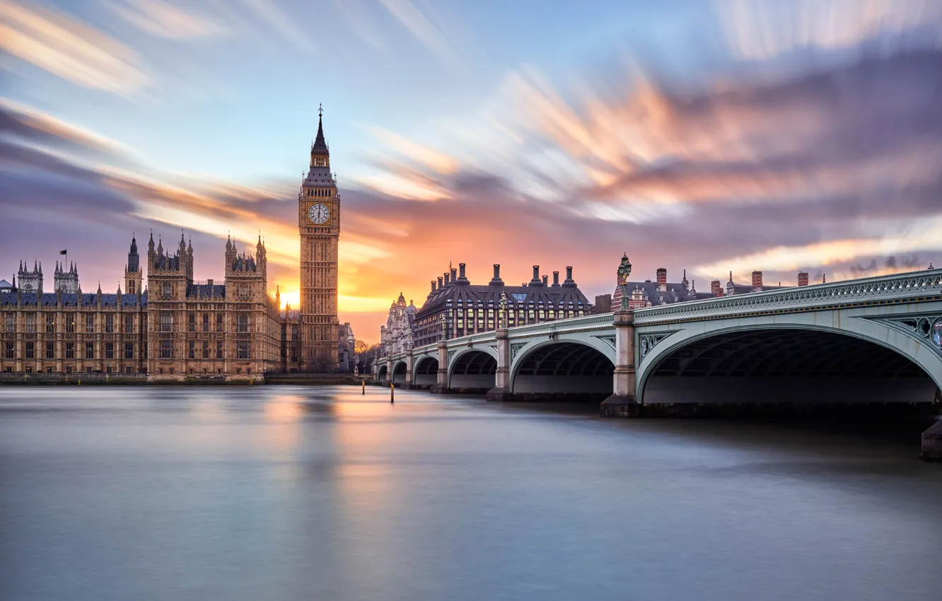 Фото обои небо, облака, мост, город, река, Англия, Лондон, выдержка