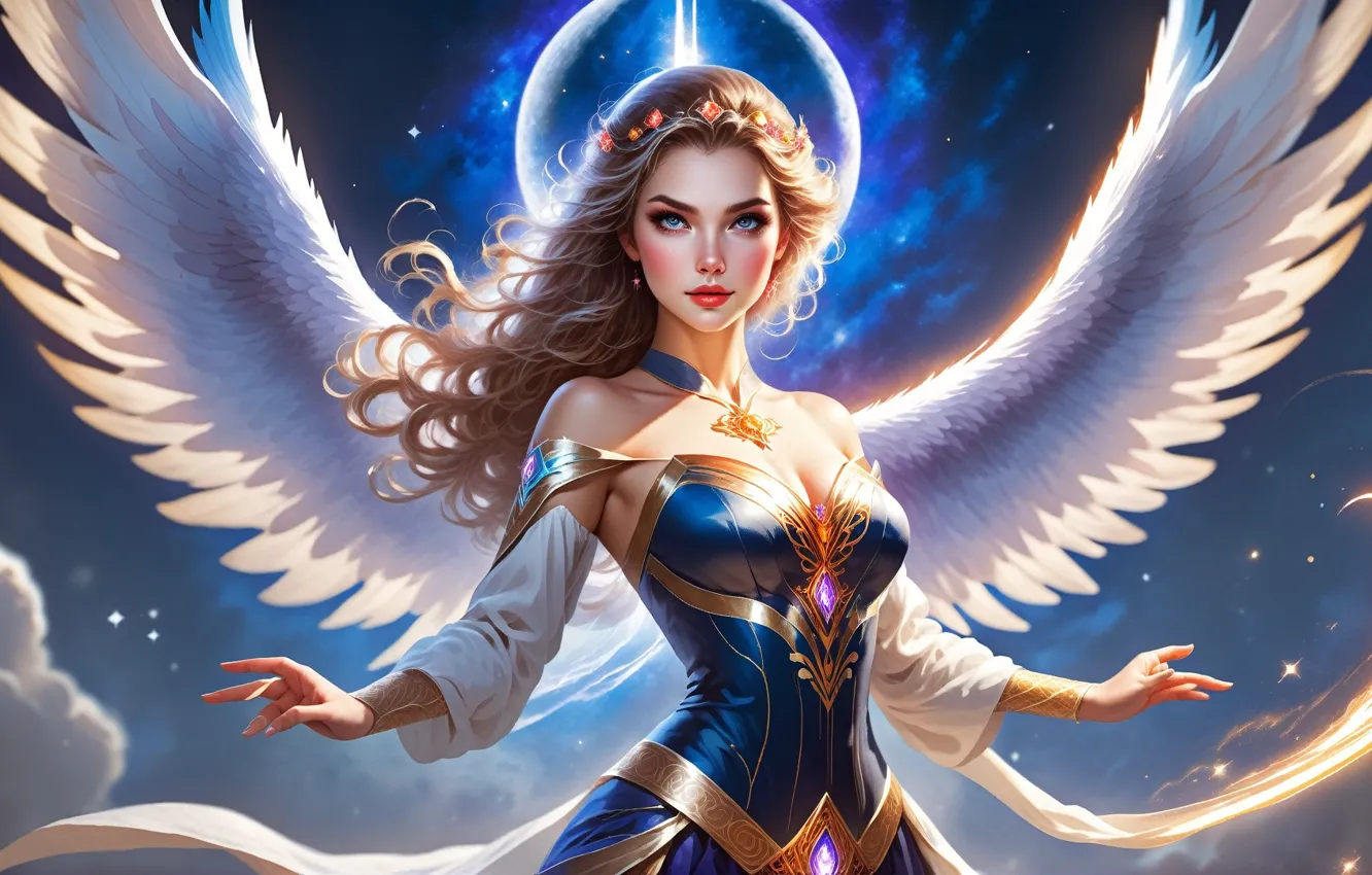 Фото обои magic, cleavage, long hair, wings, angel, women, smiling, wavy hair