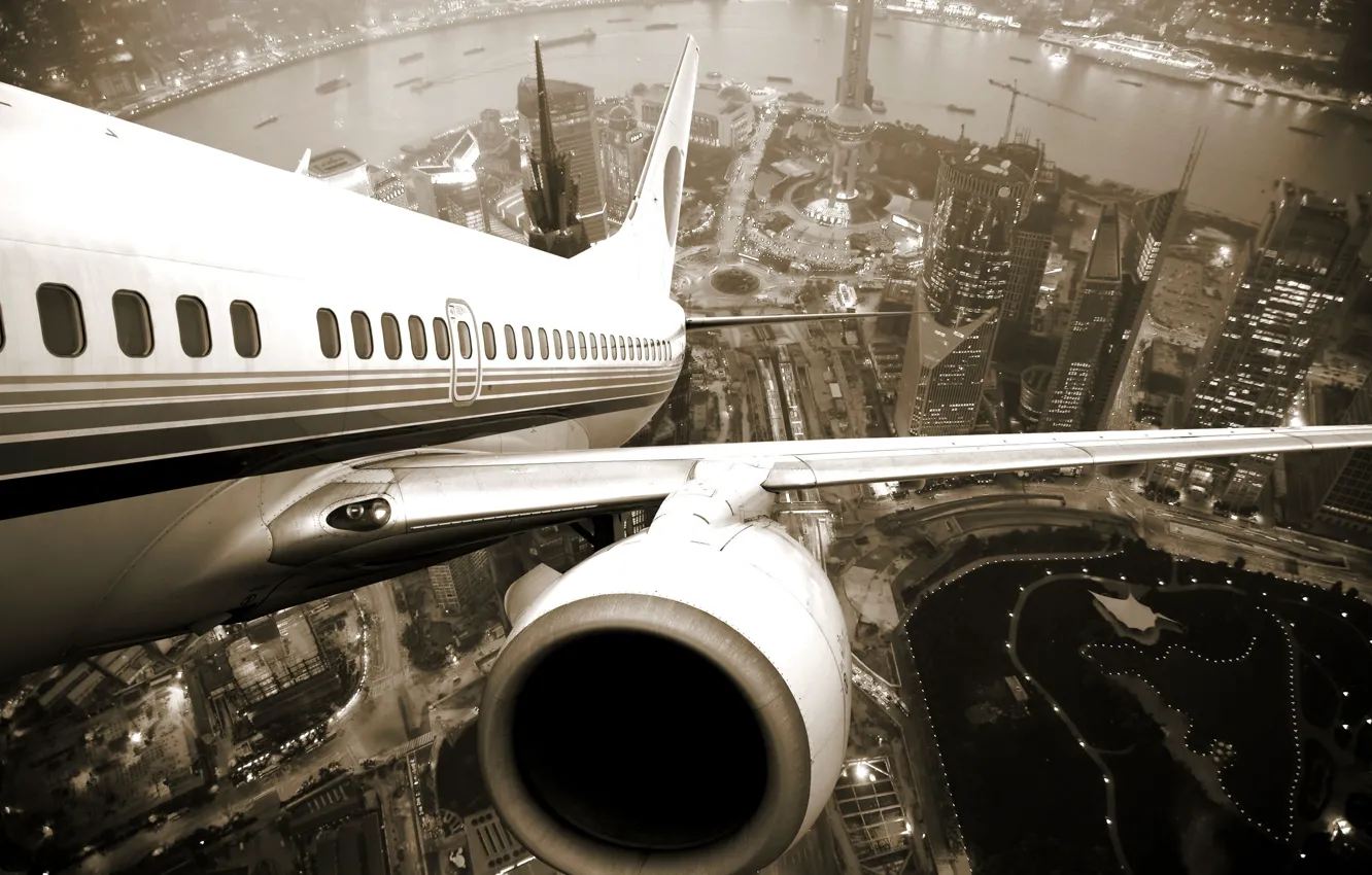 Фото обои город, высота, крыло, турбина, Шанхай, самолёт, twilight, Airplane