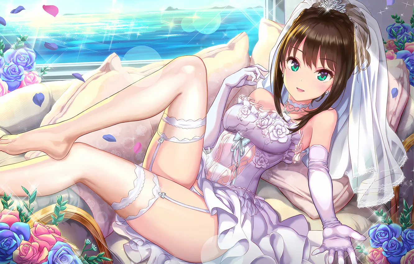 Фото обои girl, sexy, thighhighs, green eyes, dress, legs, sea, anime