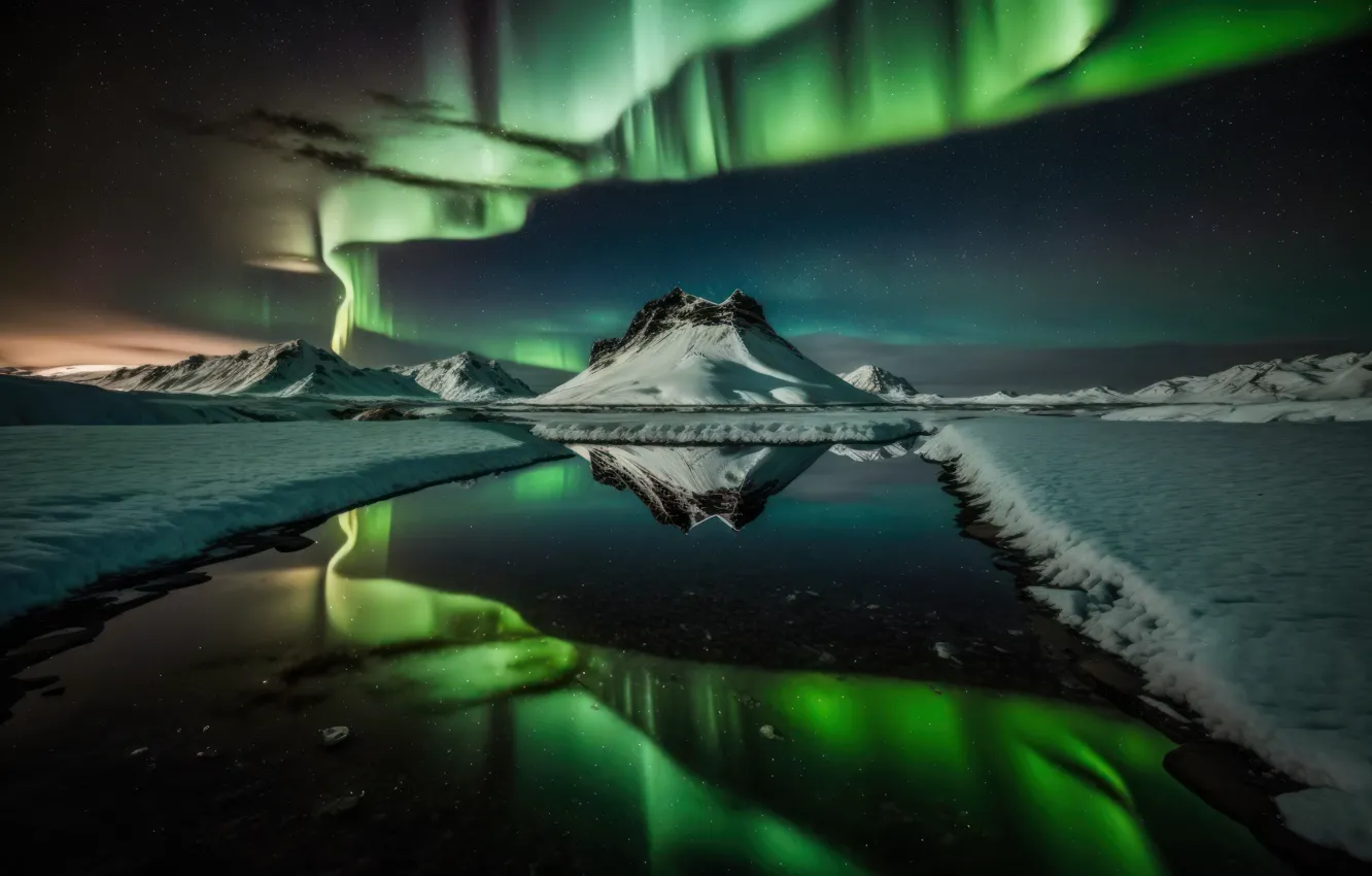 Фото обои Nature, Winter, Mountain, Aurora Borealis, Northern Lights, Reflections