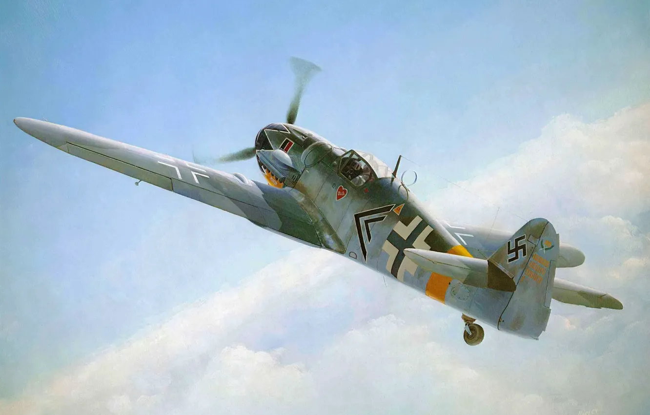 Фото обои war, art, airplane, painting, aviation, ww2, Bf 109G, &quot;Hartmann Of JAG52&quot;