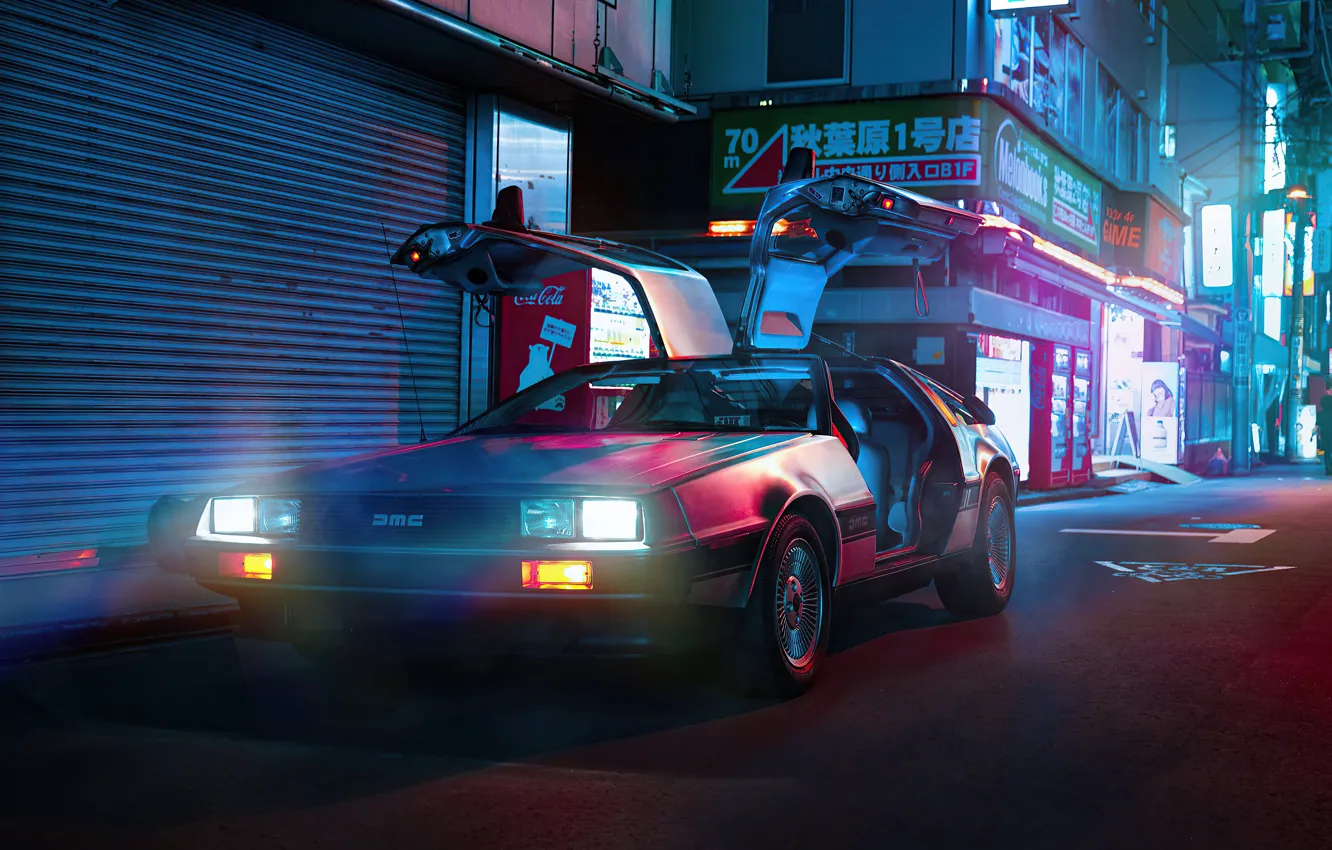 Фото обои Ночь, Улица, Свет, Фары, Назад в будущее, DeLorean DMC-12, Back To The Future
