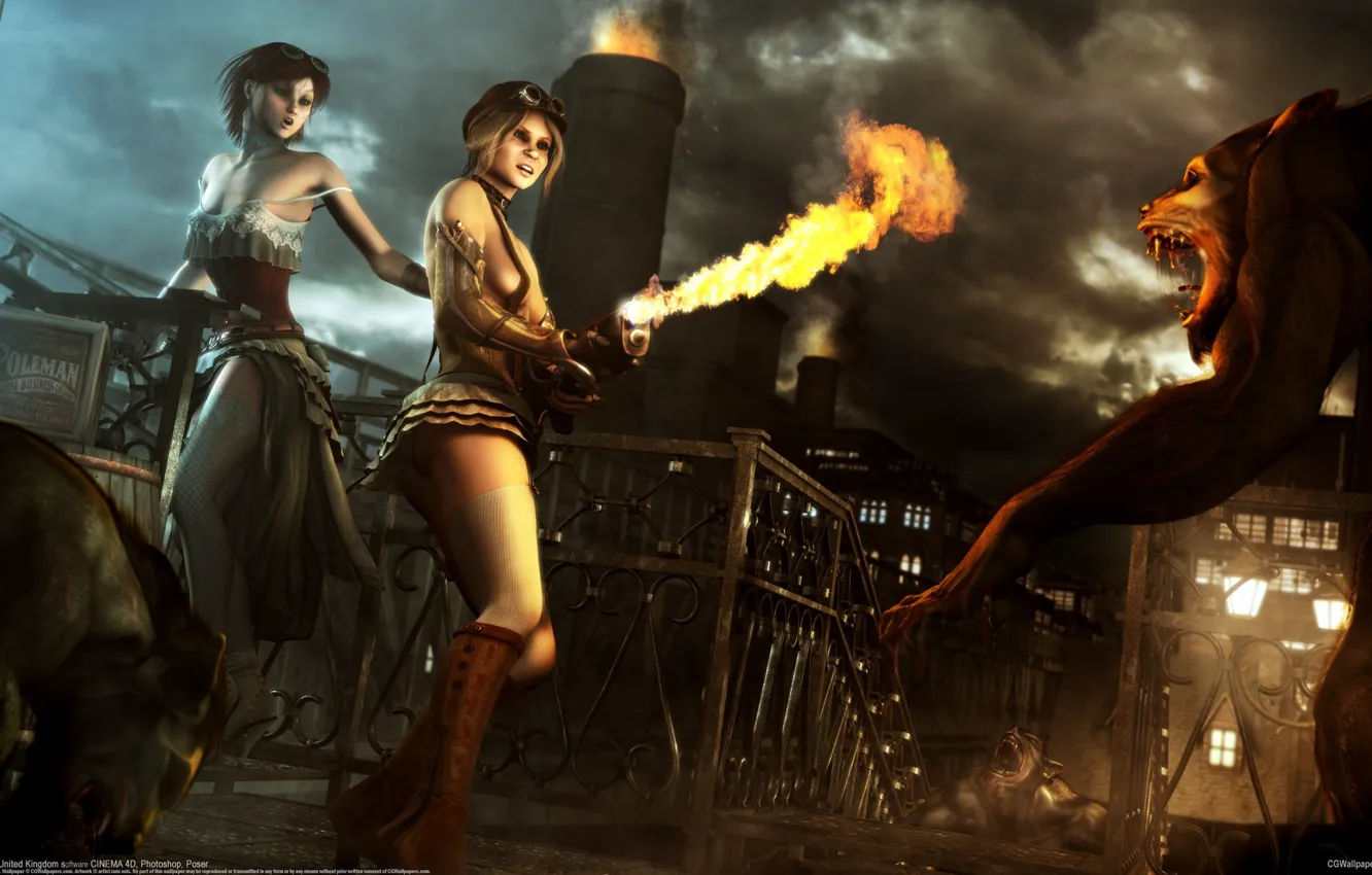 Фото обои девушки, монстры, оборотни, Ian Grainger, огнемёт
