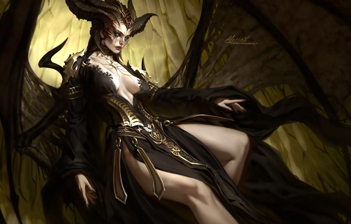 Фото обои demon, girl, fantasy, cleavage, horns, monster, dress, wings