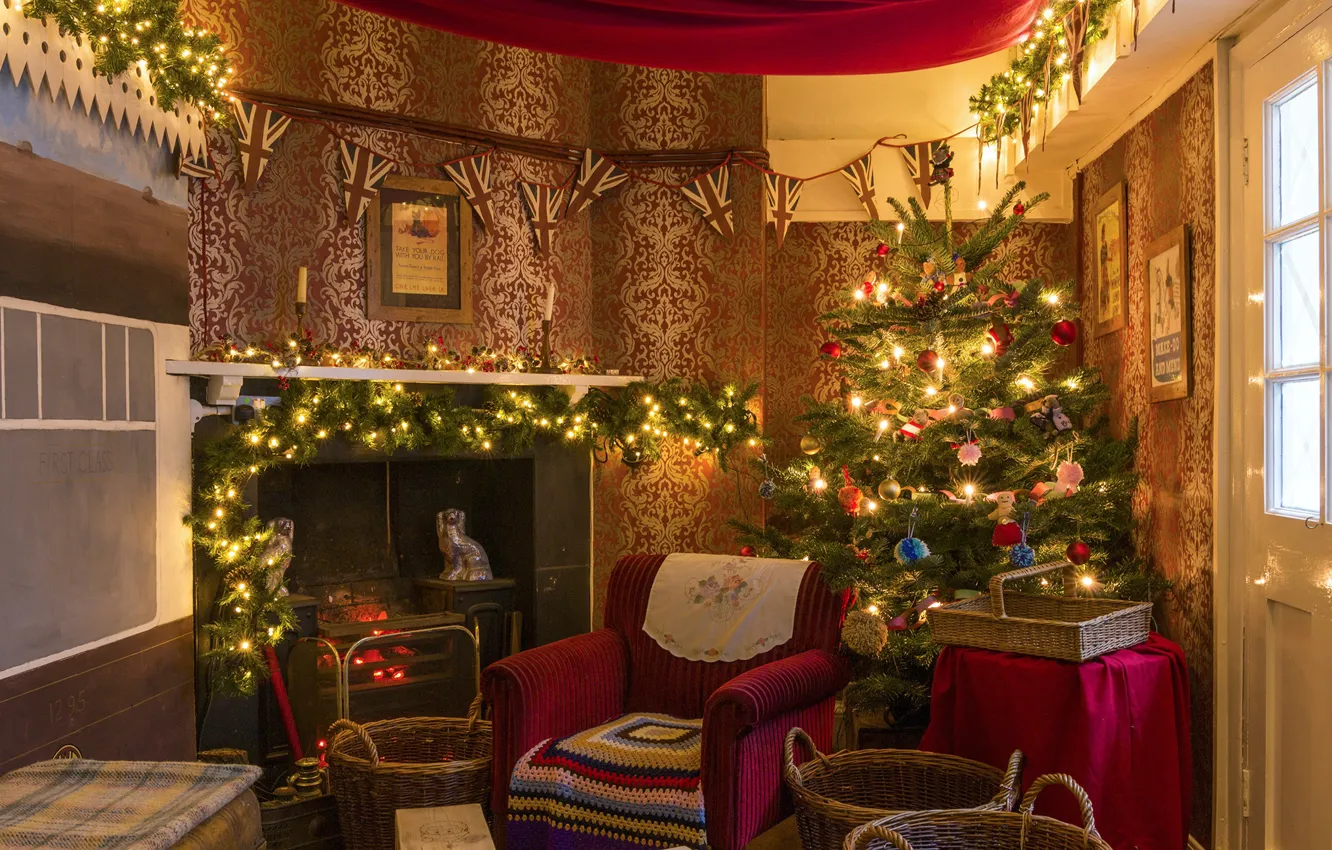 Фото обои украшения, комната, елка, Рождество, Новый год, камин