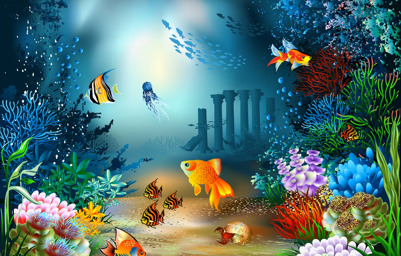 Фото обои море, рыбки, краб, медуза, вектор, дно, ракушка, кораллы