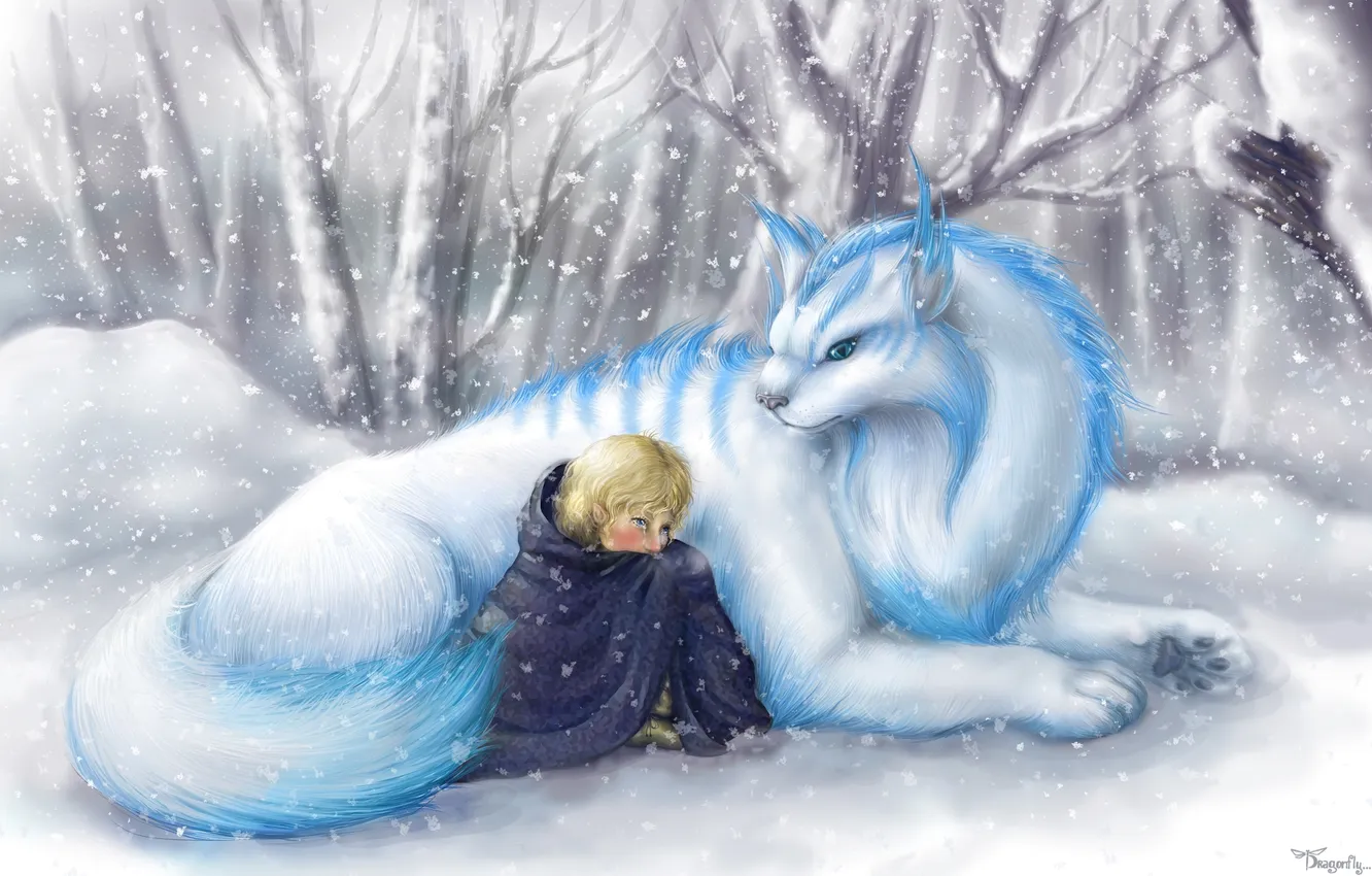 Фото обои зима, снег, эльф, существо, зверь