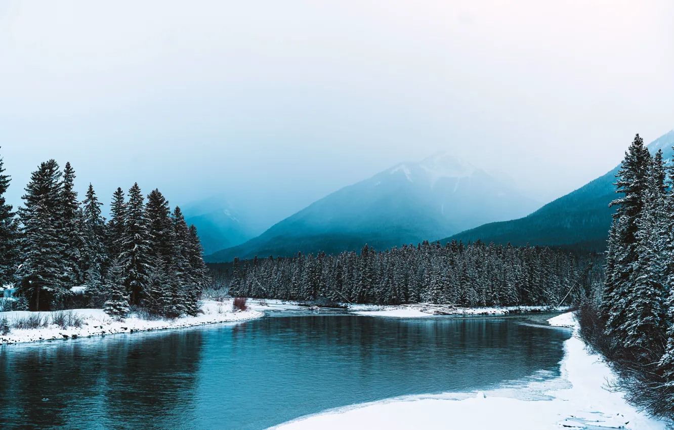 Фото обои горы, река, Канада, дымка, Альберта, Alberta, river, mountains