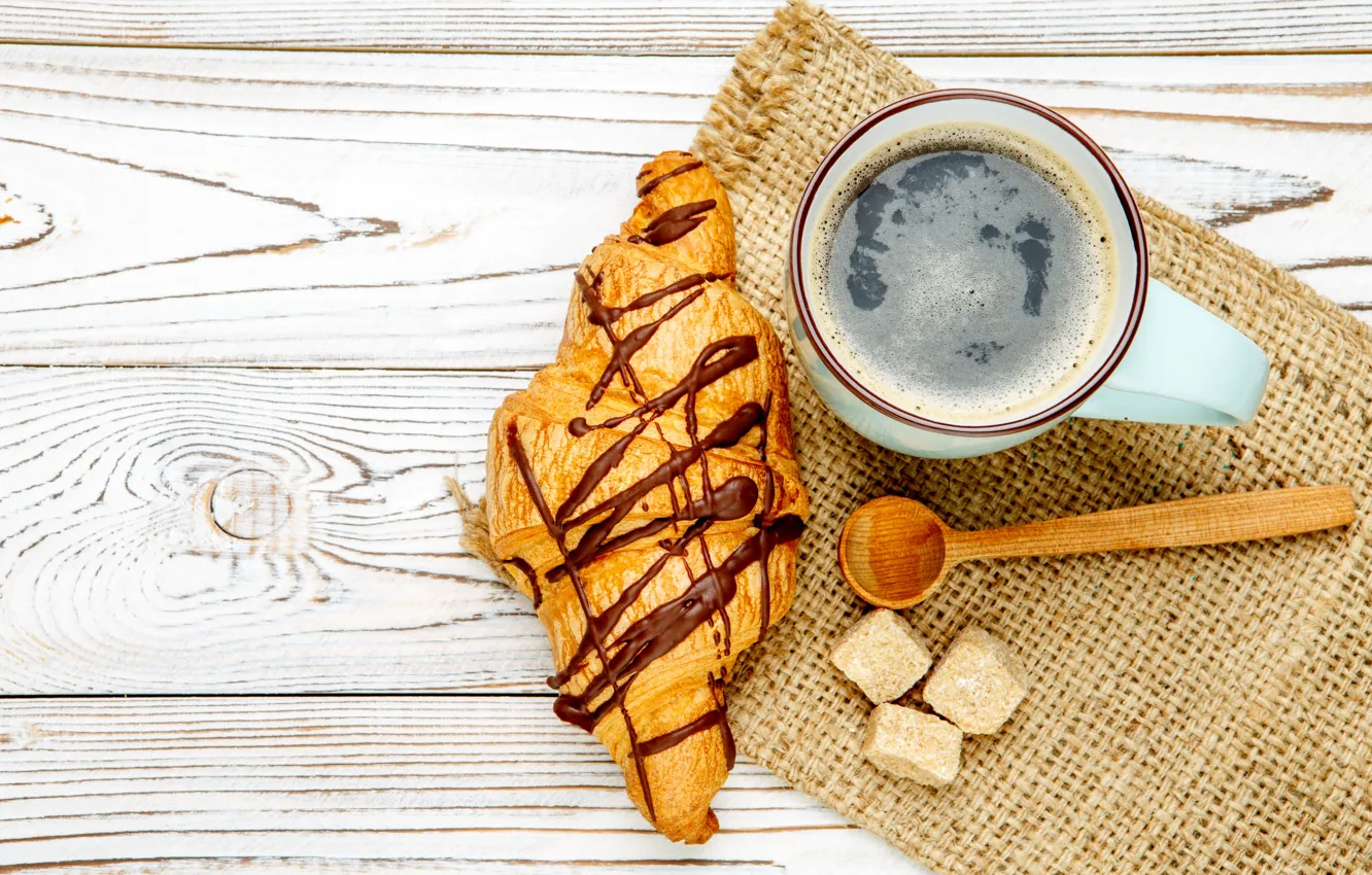 Фото обои кофе, ложка, чашка, сахар, выпечка, coffee, croissant, круассан