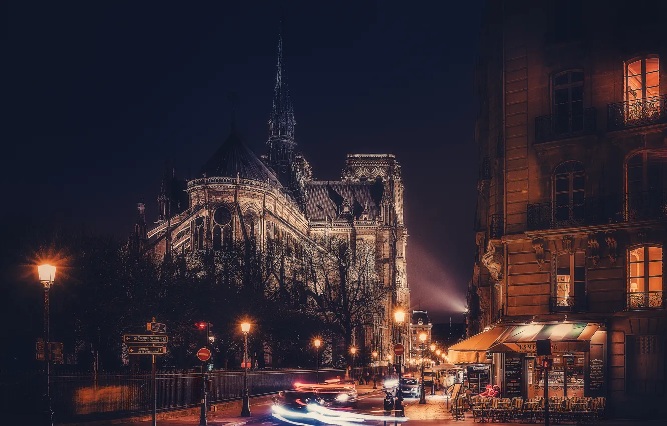 Фото обои дорога, ночь, огни, улица, Франция, Париж, фонари, дворец