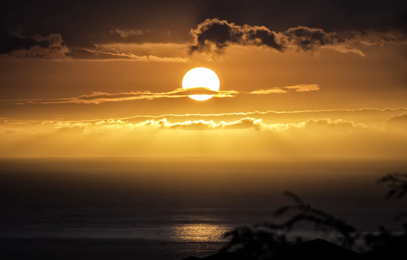 Фото обои пляж, небо, солнце, закат, океан, горизонт, Sunset, гаваи
