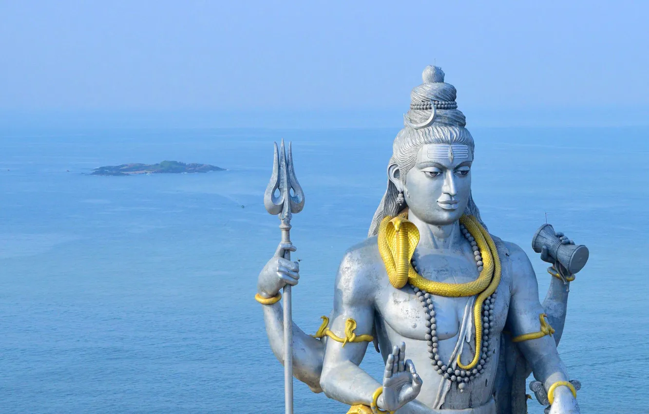 Фото обои океан, Индия, статуя, Шива, Мурудешвара