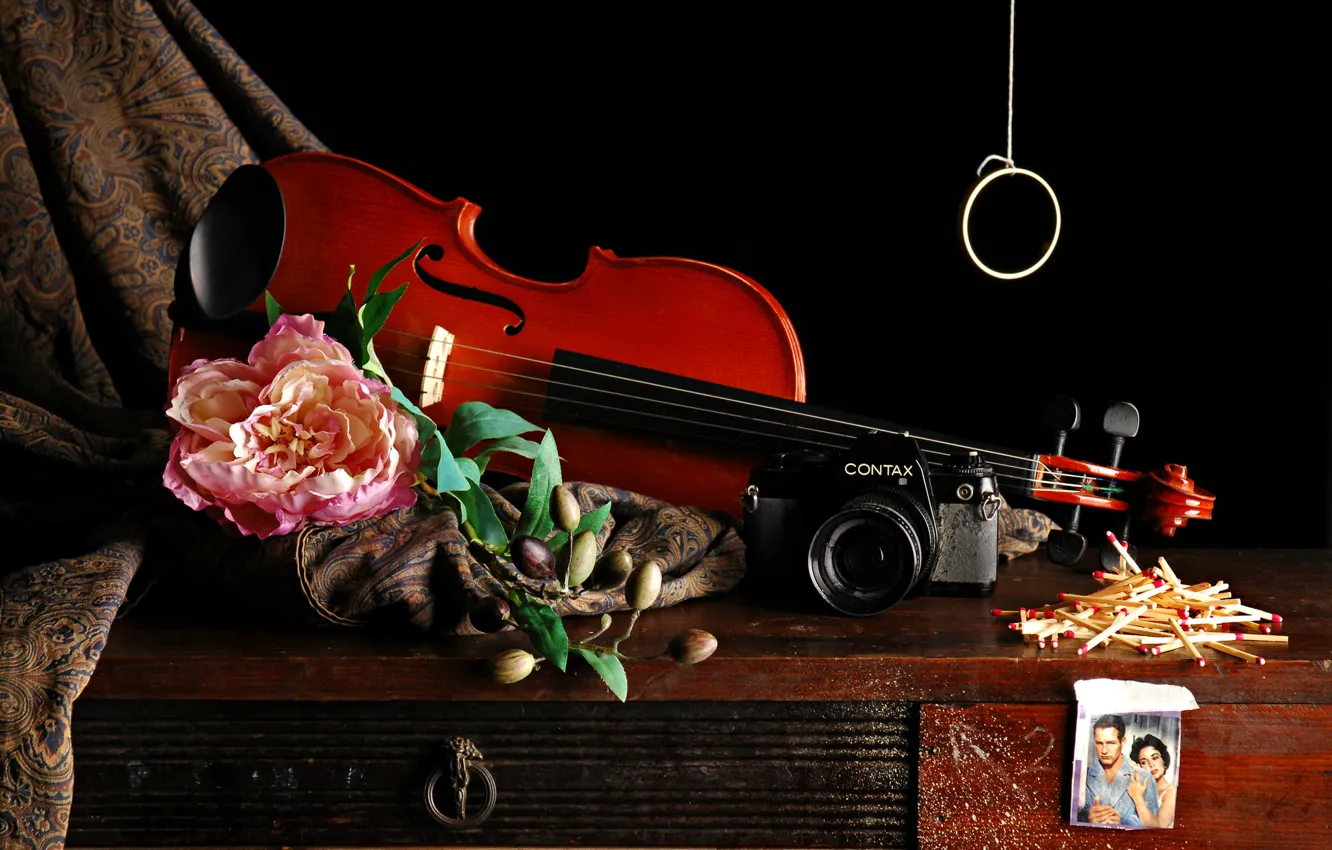 Фото обои цветок, фотография, скрипка, спички, фотоаппарат, ткань
