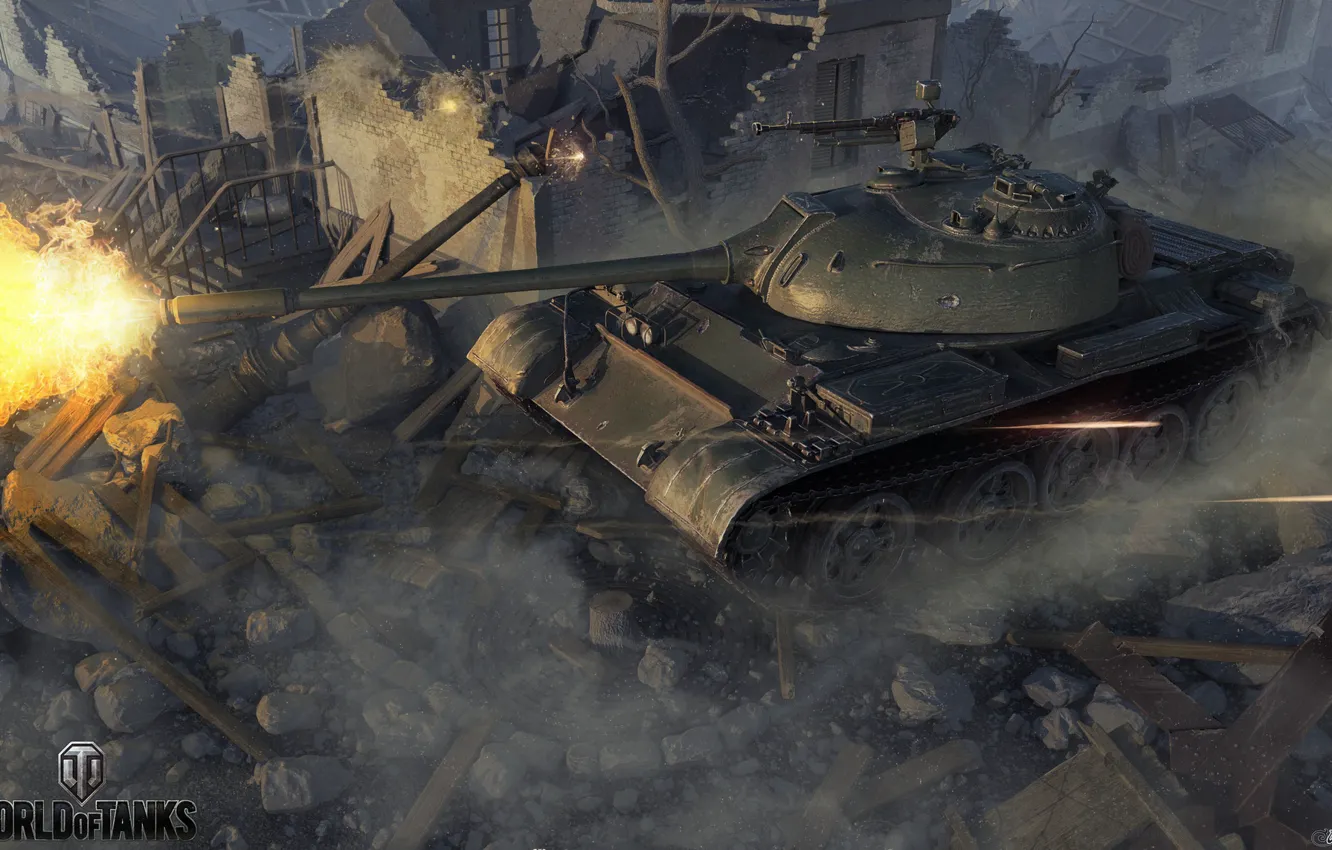 Фото обои огонь, танк, руины, World of Tanks, Type 59